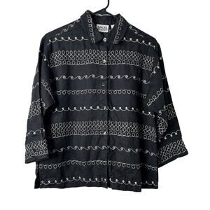 Chico’s Design Embroidered Linen Button Down Shirt Women’s 0 Small Black